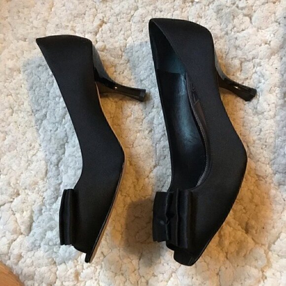GLINT: 3" Black Satin Bow Peep Toe Heels - Picture 3 of 8